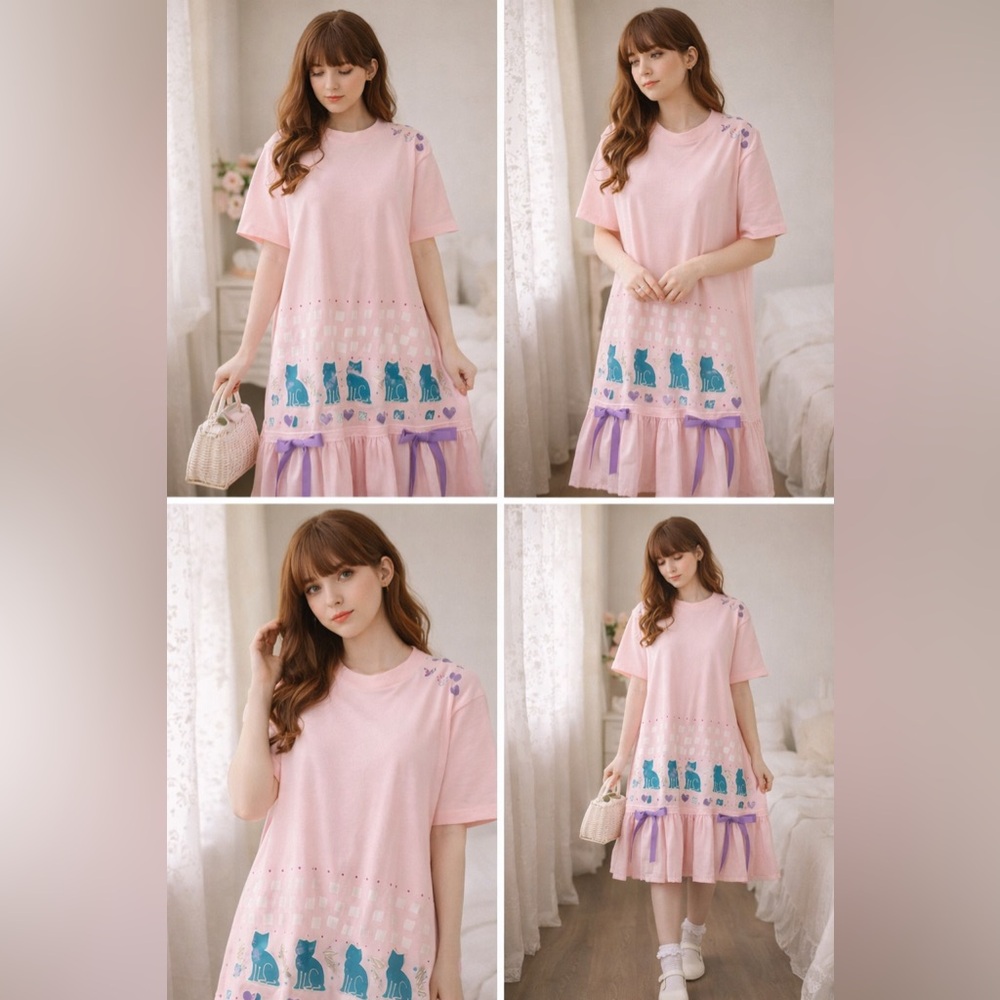 Vintage Hanes Pink Cat Print Ruffle Dress XL Cottagecore Cute Handmade Style